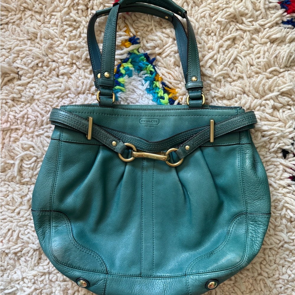 Vintage Coach Teal Pleated Hamptons Leather Shoulder/Carryall Bag - Picture 2 of 9